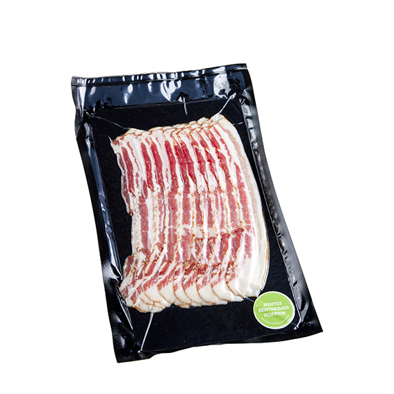 Bacon vom Bunten Bentheimer Schwein (geschnitten) (2022) Bacon vom Bunten Bentheimer Schwein (geschnitten) (2022)