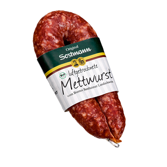 Bio-Luftgetrocknete Mettwurst vom Bunten Bentheimer Schwein Bio-Luftgetrocknete Mettwurst vom Bunten Bentheimer Schwein